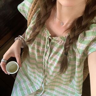设计感上衣 法式 甜美木耳边格纹宽松衬衣女夏季 新款 洋气减龄娃娃衫
