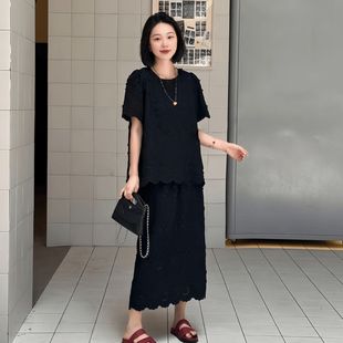 胖MM上衣半身裙两件套 温柔风气质提花镂空短袖 套装 女2025夏季 大码