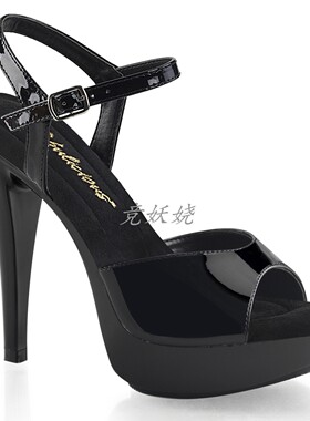 美国正品Pleaser12.7cm防水台黑色漆皮鱼嘴高跟凉鞋系带鸡尾鞋底