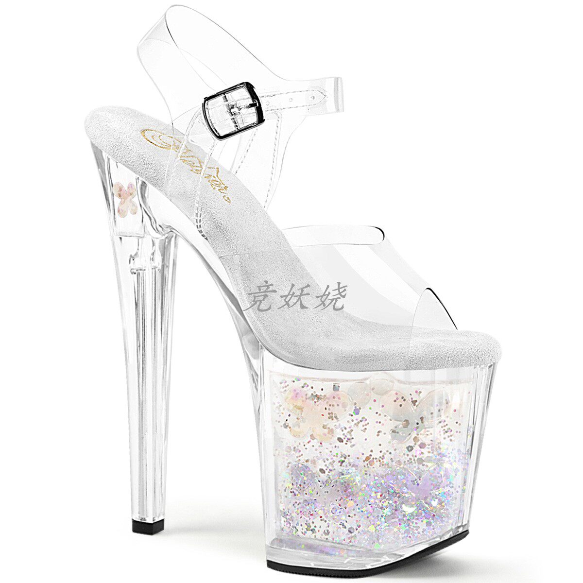 5cm流动液体闪光珠子蝴蝶防水台恨天高凉鞋女