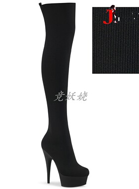 美国Pleaser 15.2cm黑色弹力针织面料过膝靴防水台高跟长筒靴袜靴