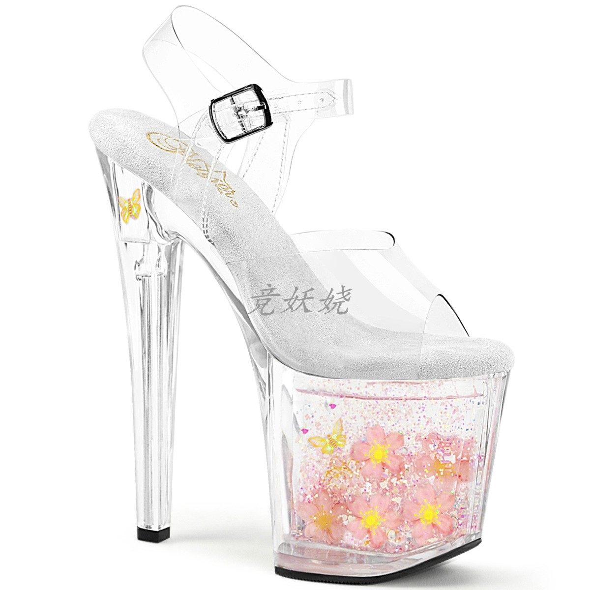 5cm防水台流动液体闪光花朵装饰恨天高凉鞋女