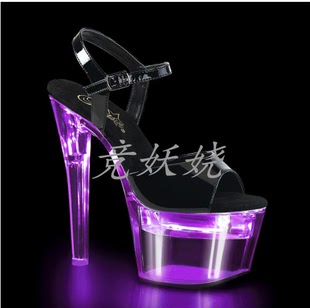 美国Pleaser17.8cm防水台高跟凉鞋LED7种变色灯光系带钢管舞鞋