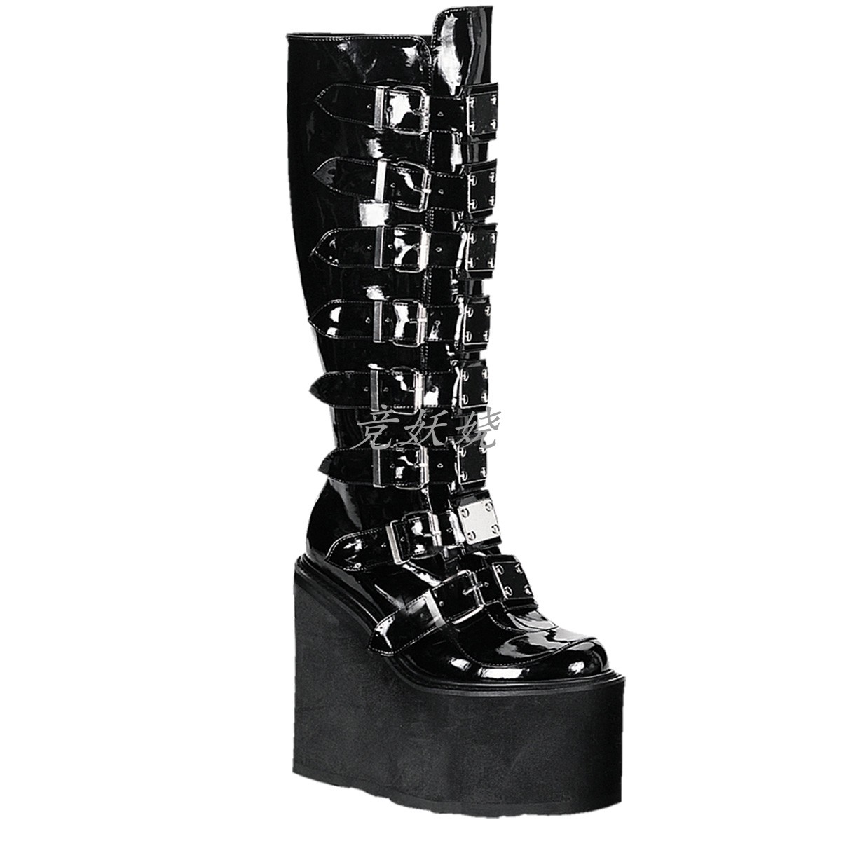 美国Demonia14cm黑色厚底中筒靴背部拉链8排皮带扣系带及膝女靴