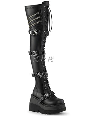美国代购Pleaser/Demonia11.4cm厚底防水台四排骷髅扣过膝长筒靴