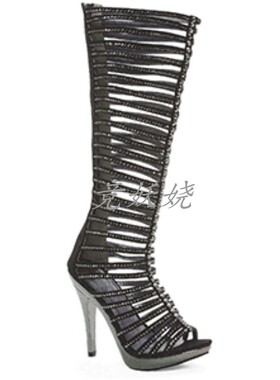 美国Ellie Shoes 12.75cm水钻镂空高跟及膝靴背部拉链露趾凉靴