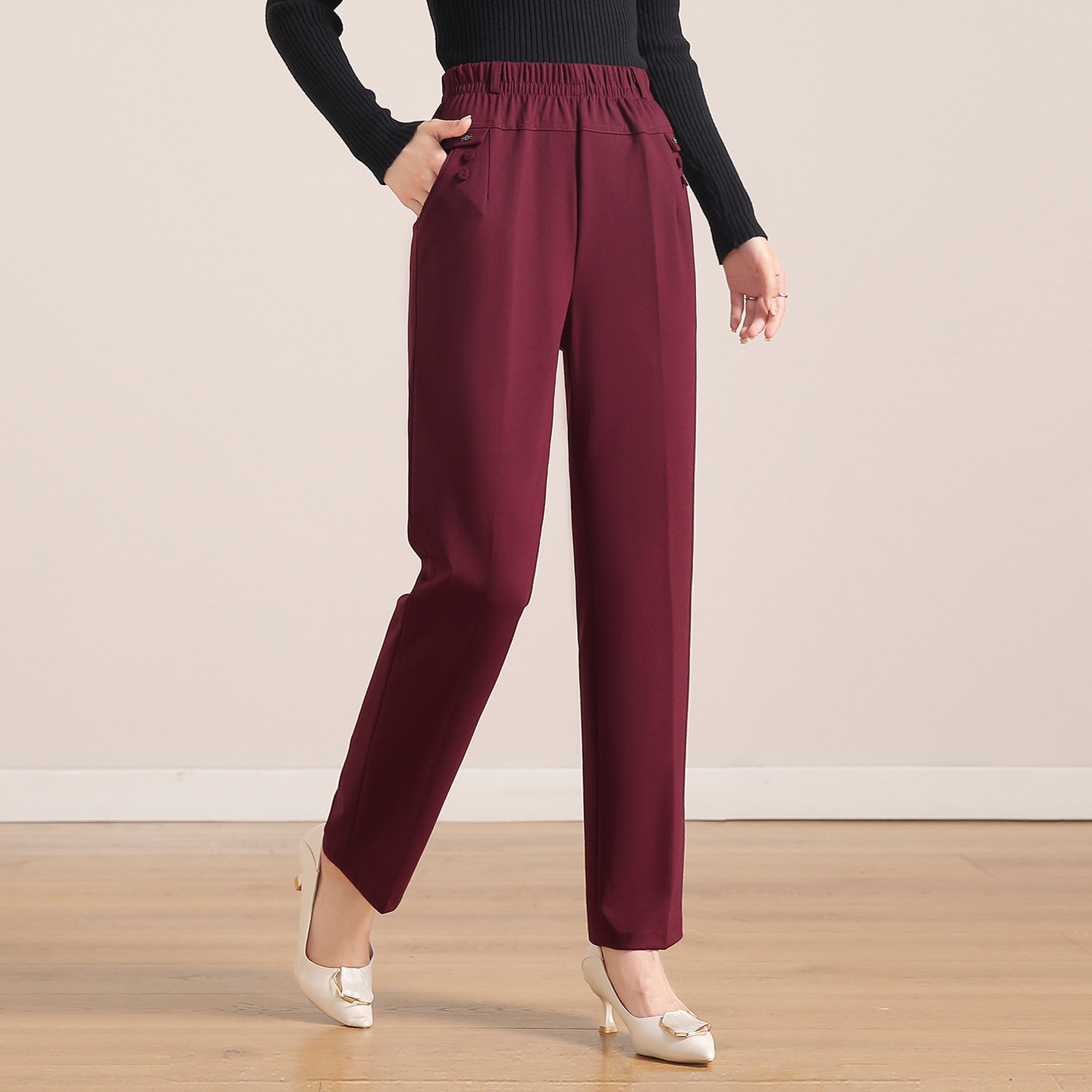 中年妈妈裤春秋新款外穿松紧高腰弹力直筒裤宽松休闲中老年女裤