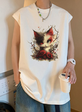 2024新款复古潮流印花无袖男女宽松运动健身美式背心M4131 特p18