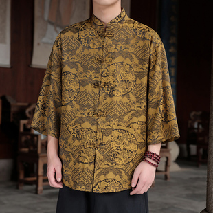 暗花冰丝垂感立领七分袖 国潮新中式 中国风男装 衬衫 衬衣男 唐装 短袖