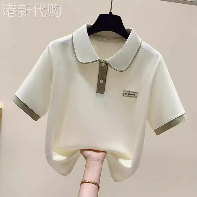高级感polo领正肩短袖T恤女士大尺码夏季薄款冰丝娃娃领欧洲站上