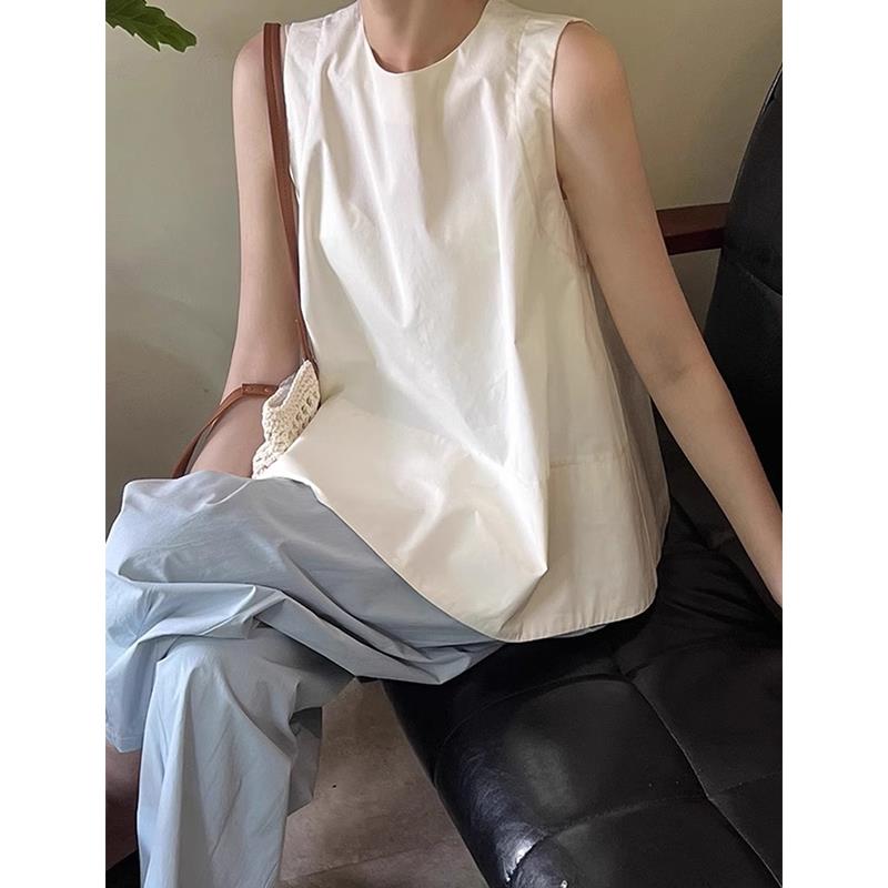 全棉无袖衬衫女夏季2025新款温柔风甜美外穿遮肚宽松纯色背心上衣