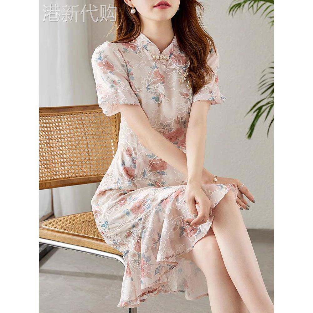 新中式国风改良旗袍连衣裙女夏季2026新款盘口气质提花雪纺鱼尾裙