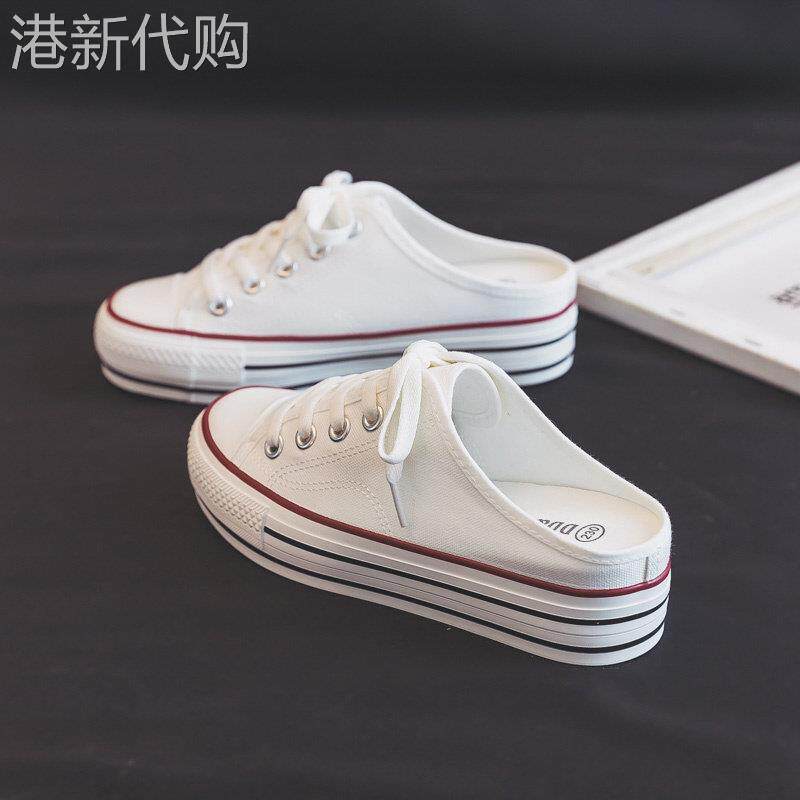 厚底内增高爆款小白鞋女2026年夏季新款薄款懒人一脚蹬半拖帆布鞋