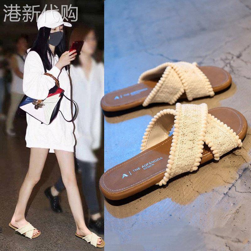 香港真皮编织一字拖鞋女外穿夏2026新款平底度假风海边沙滩凉拖鞋