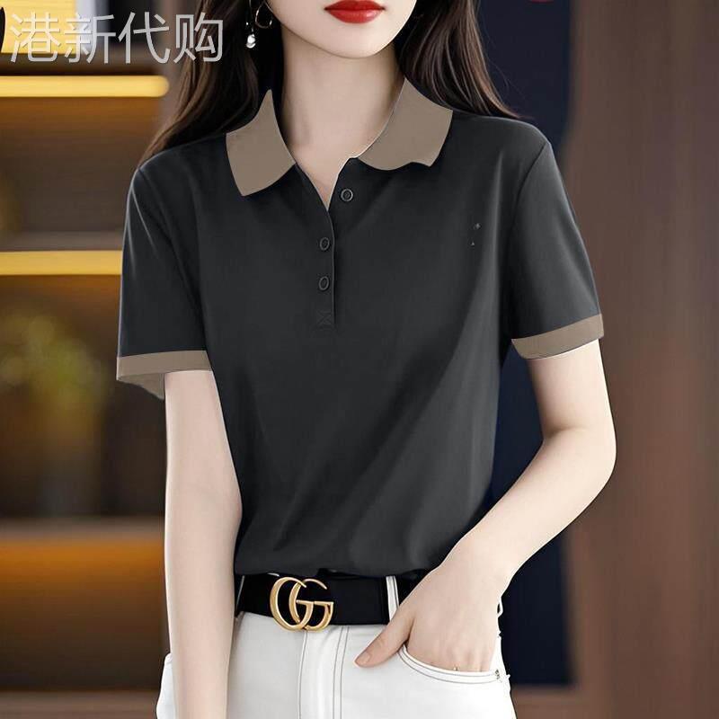 纯棉polo衫短袖t恤女2025夏季新款大码宽松洋气时尚拼接翻领上衣