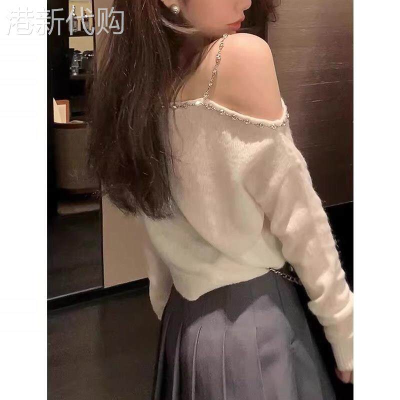 甜辣一字肩长袖T恤女春秋欧货可外穿斜肩打底针织衫毛衣露肩上衣