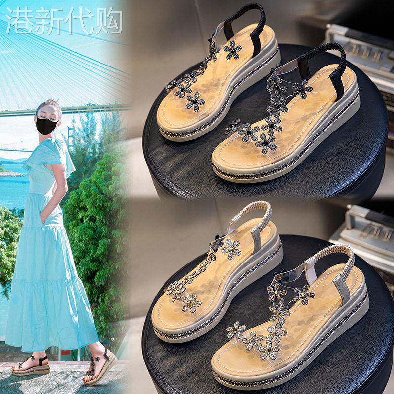 水钻增高厚底凉鞋女夏季外穿2026新款高级感坡跟浅口轻奢沙滩凉鞋