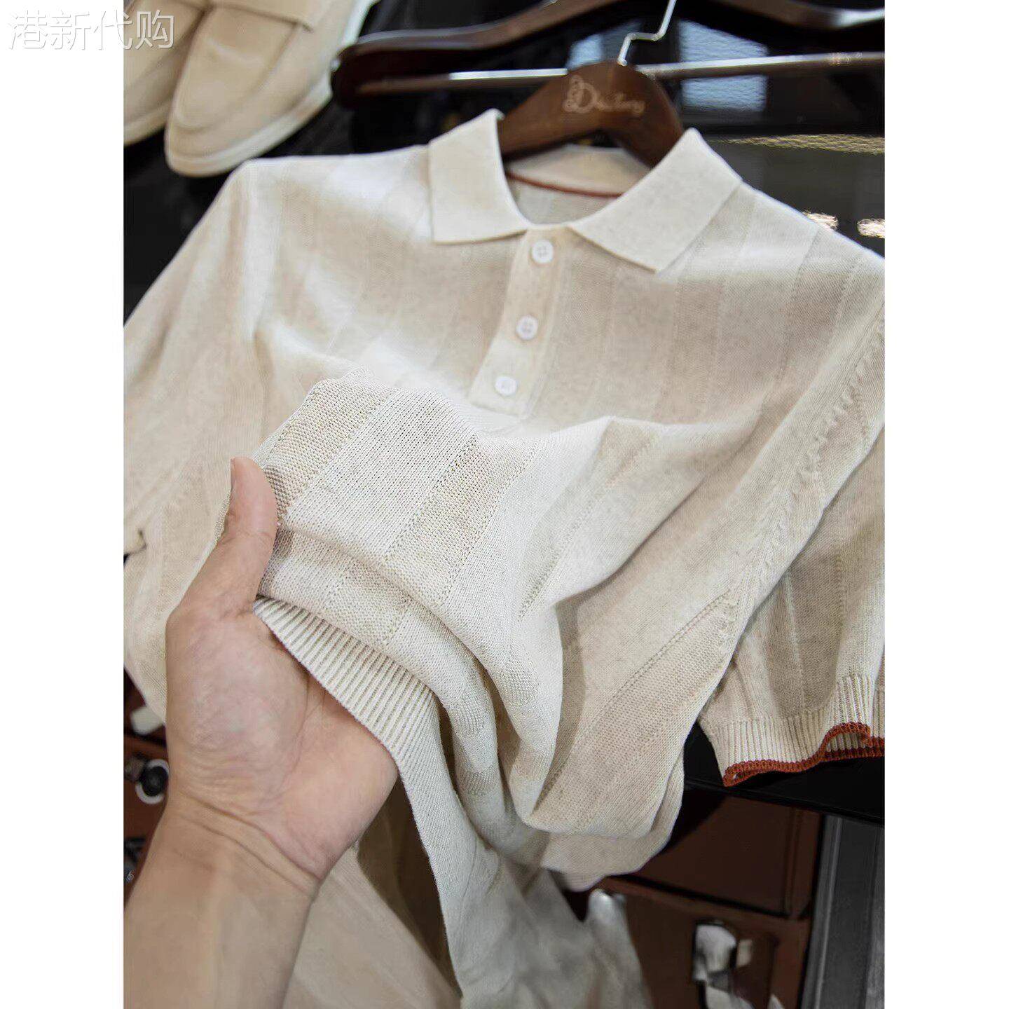 老钱风天丝亚麻料POLO衫男士短袖修身翻领t恤夏季薄款休闲上衣服