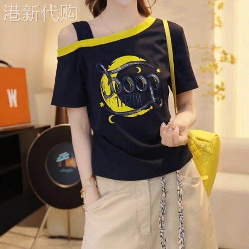 假两件短袖t恤女夏季大尺码遮肚收腰显瘦纯棉高级感斜领露肩上衣