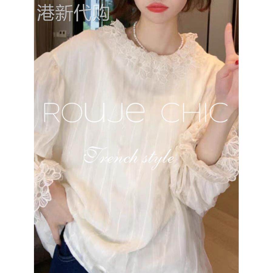 法国rouje chic秋季法式米白色设计感双层蕾丝花朵领口衬衫上衣女