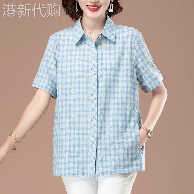 中年妈妈纯棉格子短袖衬衫女夏装薄款宽松大码高端全棉衬衣上衣