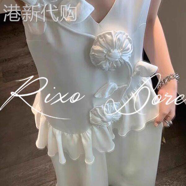 RIXO DORE法式重工立体花朵光泽缎面荷叶边洋装女百搭白色长裙