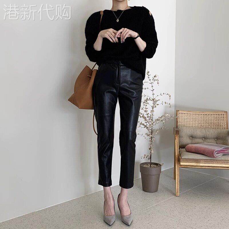 黑色皮裤女春秋2025新款高腰直筒宽松显瘦小个子九分休闲烟管裤子