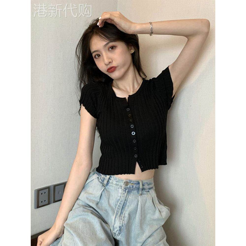 冰丝针织黑色短袖女t恤夏季2025新v领半袖短高腰修身上衣