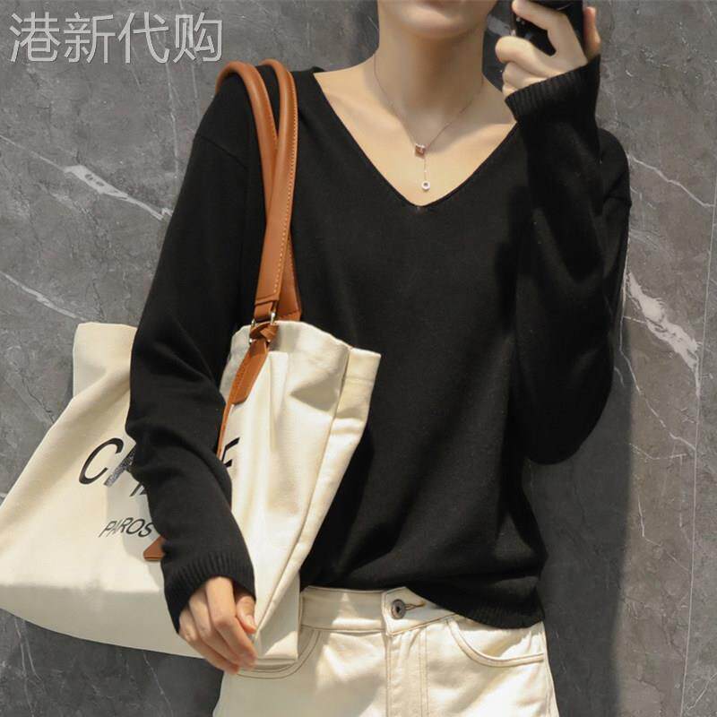 纯色V领针织衫女简约显瘦秋冬季2025新款上衣宽松套头T恤打底毛衣