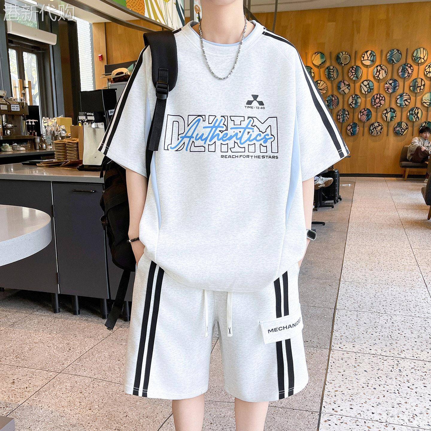 冰丝短袖短裤两件套男款夏季潮流痞帅青少年美式高街休闲运动套装