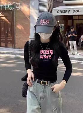 黑色圆领内搭衣春季女款2026年新款修身显瘦内搭印花长袖T恤上衣