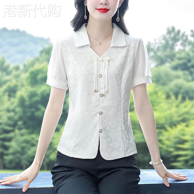 中年妈妈新中式提花短袖衬衫女士夏季2026新款修身洋气小衫衬衣