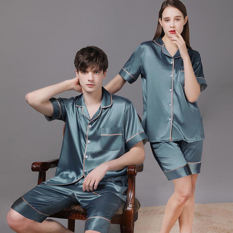桑蚕丝夏季情侣睡衣女男真丝绸家居服薄款短袖短裤大码可外穿套装