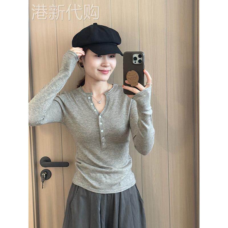 灰色纽扣半开领长袖T恤女2025新款秋季弹力修身内搭打底衫上衣潮