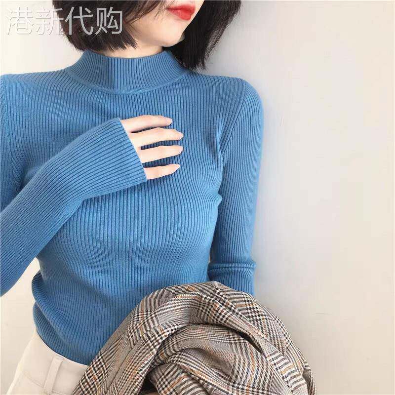 半高领打底针织衫女秋冬2025新款紧身修身内搭毛衣雾霾蓝螺纹上衣