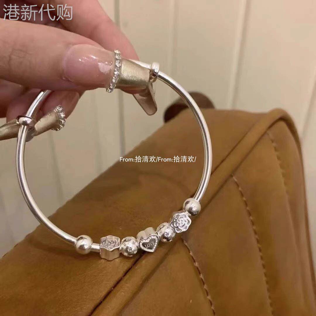 9999纯银手镯女Love爱心串珠转运珠足银镯子甜美时尚送闺蜜女友礼