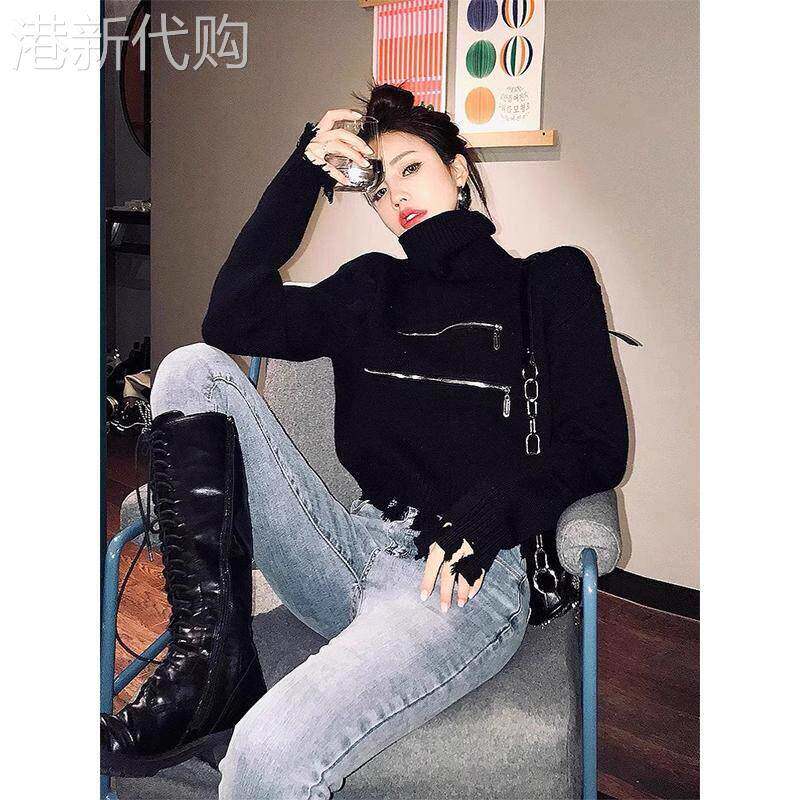 黑色拉链针织打底衫女士2025春季新款宽松休闲设计感内搭毛衣上衣
