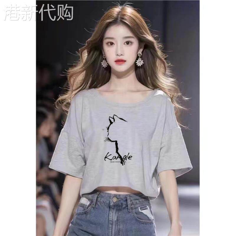 灰色纯棉露脐短T恤女款2025夏季韩版设计感小上衣 18-35岁女性休