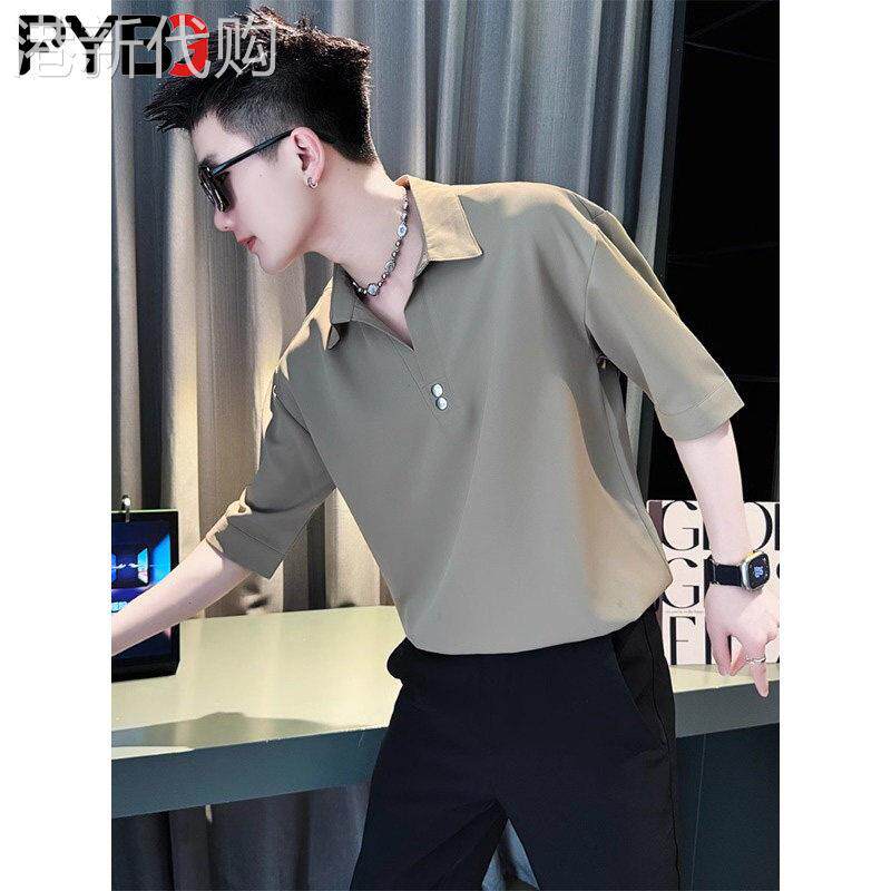 冰丝POLO衫男士短袖衬衫2026夏季新款痞帅V领七分袖T恤休闲男款潮