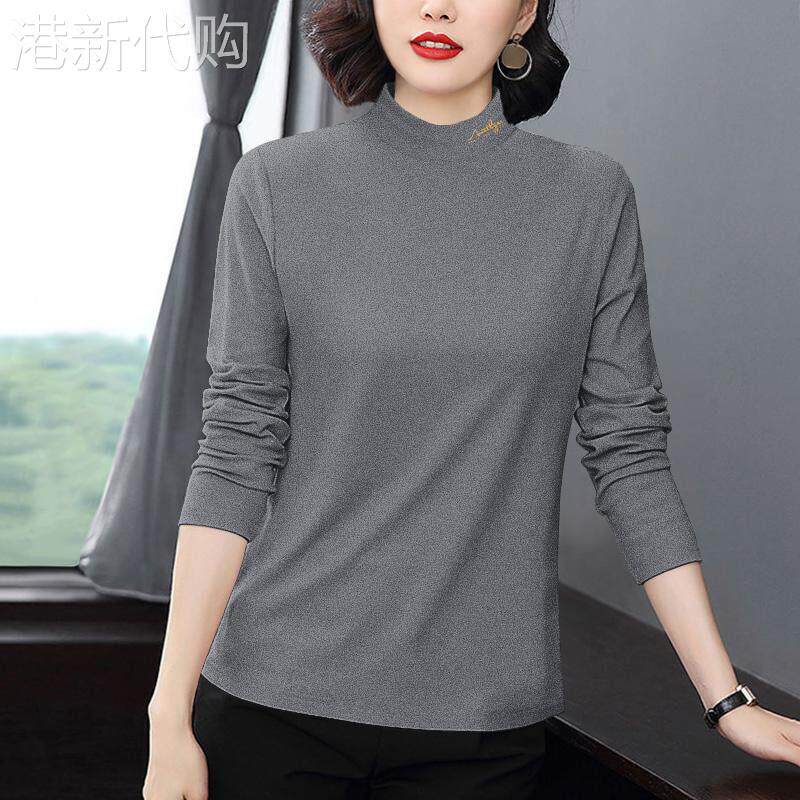 半高领打底衫女士春秋2025新款宽松显瘦长袖t恤纯棉中领减龄上衣