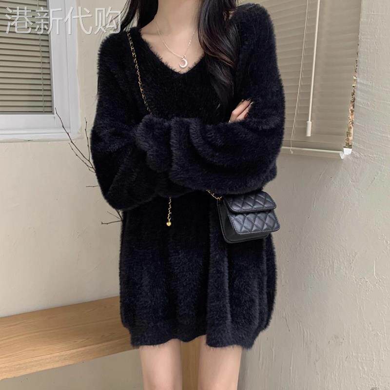 黑色软糯水貂绒毛衣女秋冬欧货高级感超好看V领加厚宽松打底上衣