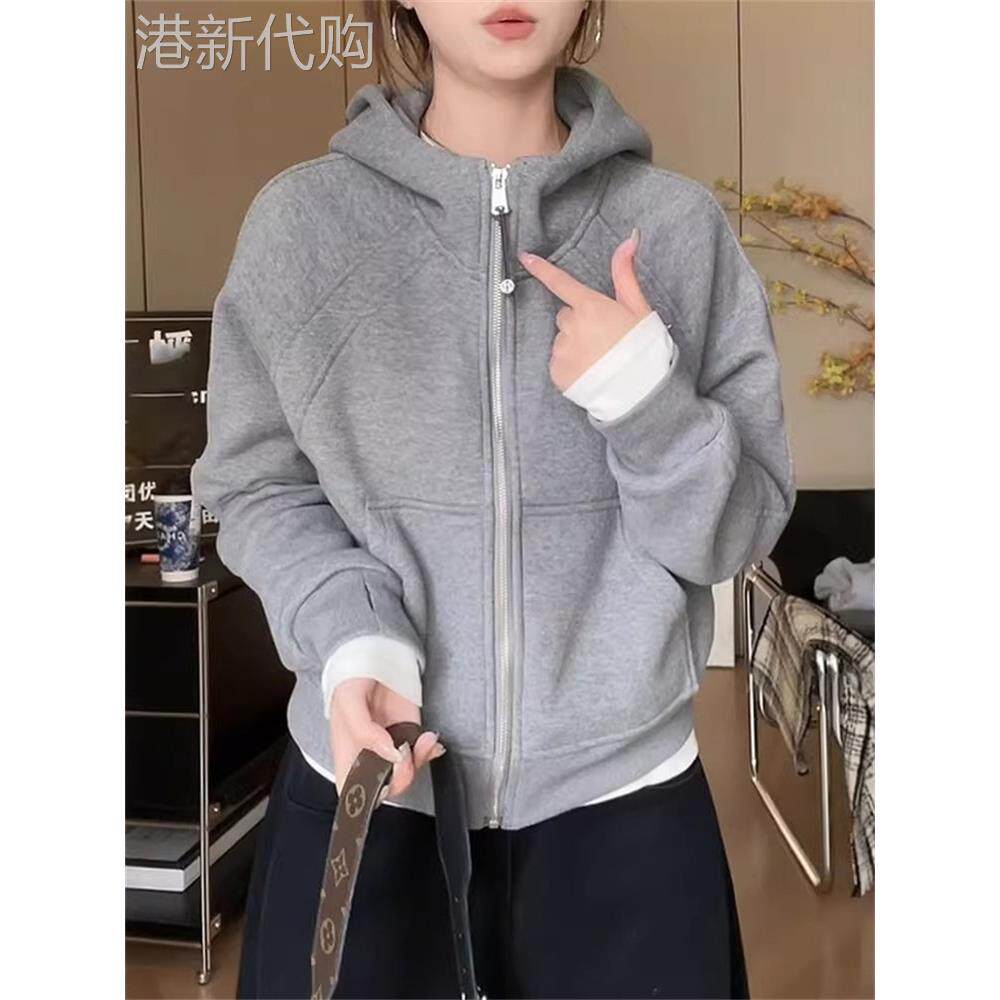 潮牌连帽卫衣外套大码女春秋新款加绒加厚宽松显瘦拉炼开衫上衣