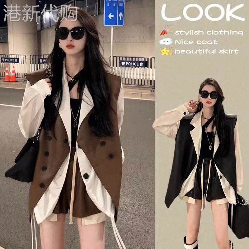 衬衫马甲短裤套装女春秋欧货不规则衬衫西装皮衣背心美拉德皮短裤