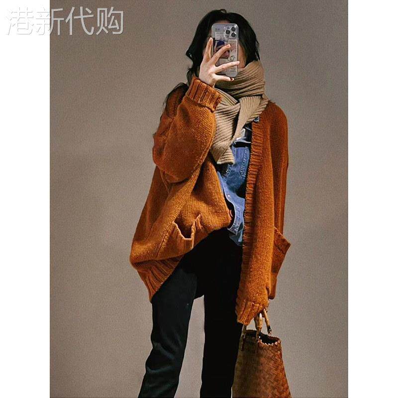 法式复古橘色休闲毛衣外套女2025秋冬新款小个子宽松外穿针织开衫
