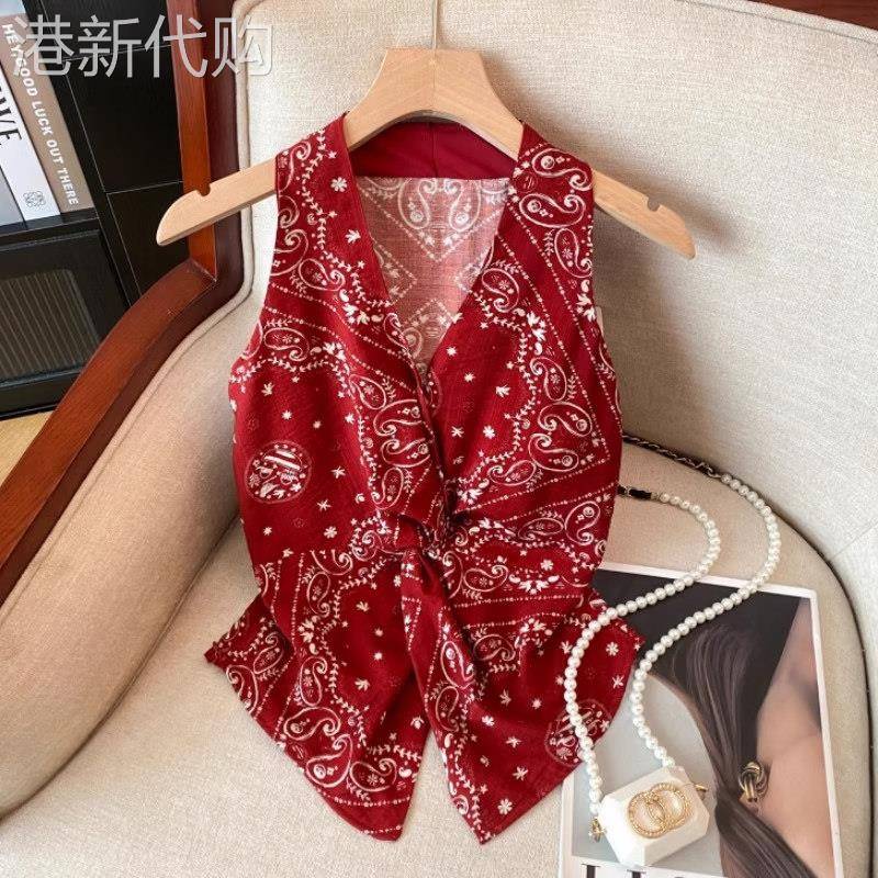港风覆古无袖花衬衫女夏季新款修身收腰红色碎花扭结V领背心上衣