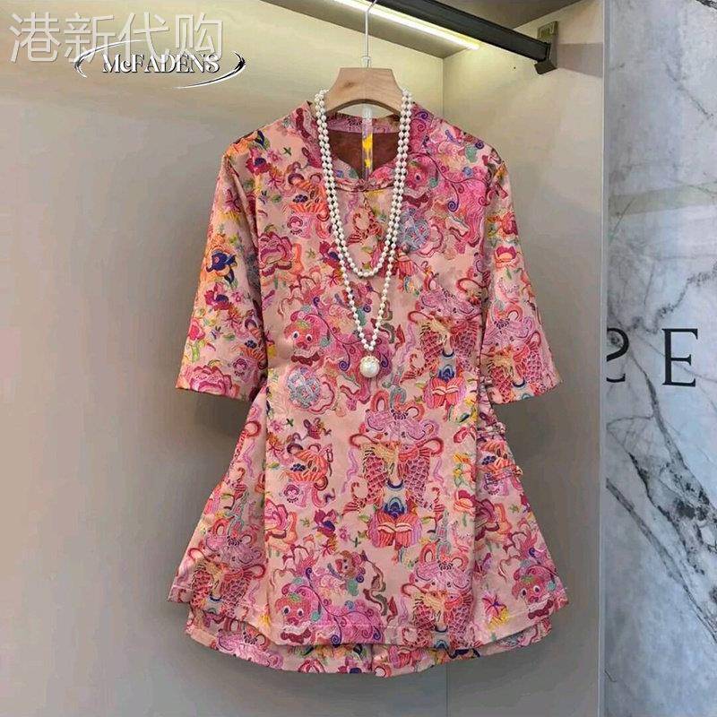 香港春款高级感国潮风覆古时尚印花中式盘扣大尺码胖mm洋派显瘦套