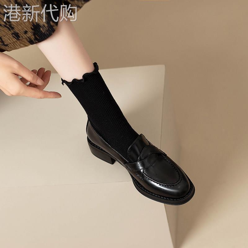 英伦风复古一脚蹬乐福鞋女春秋学院风通勤百搭小皮鞋真皮粗跟单鞋