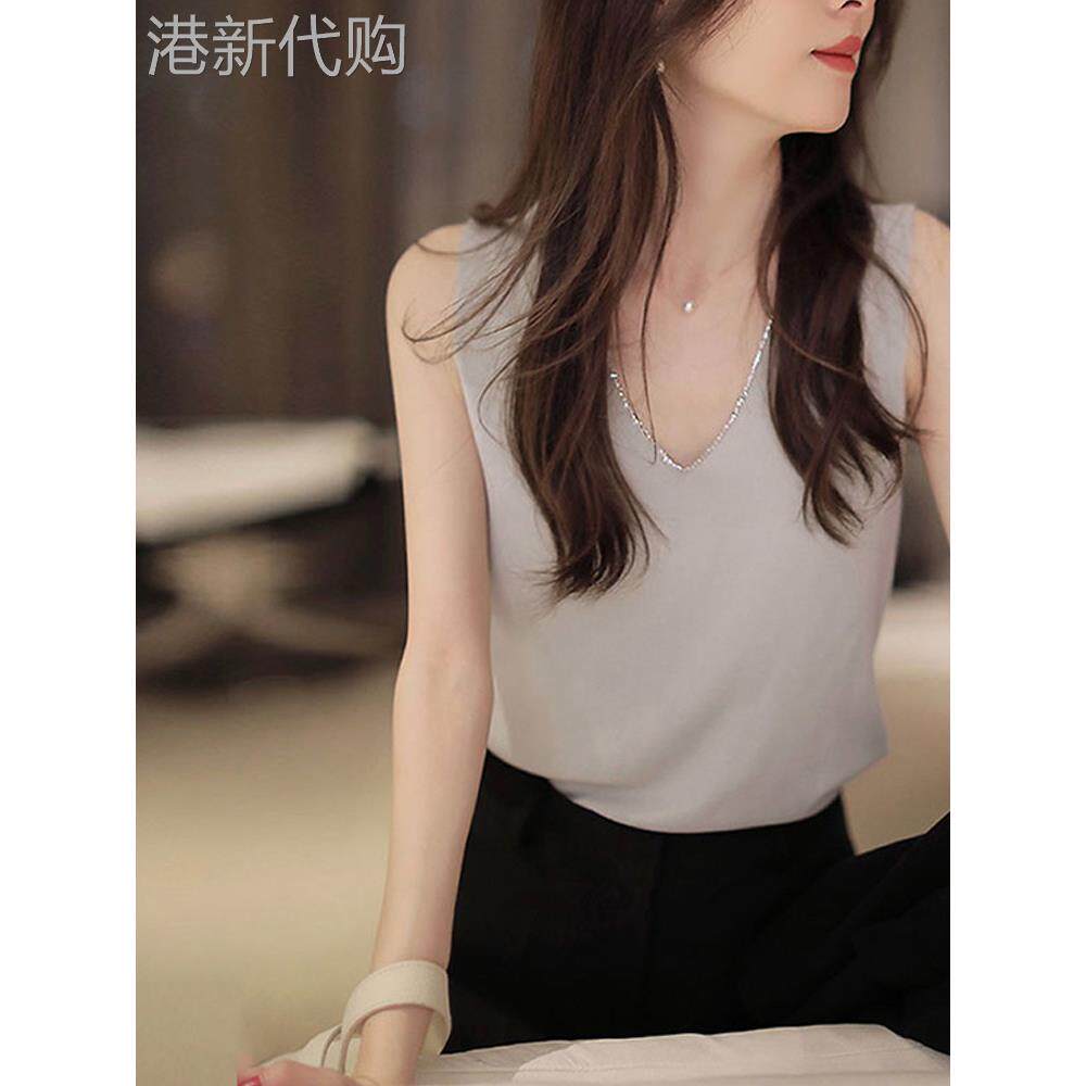 法国背心妇女2025年新秋季V领钻石镶嵌西装与底部无袖针织上衣