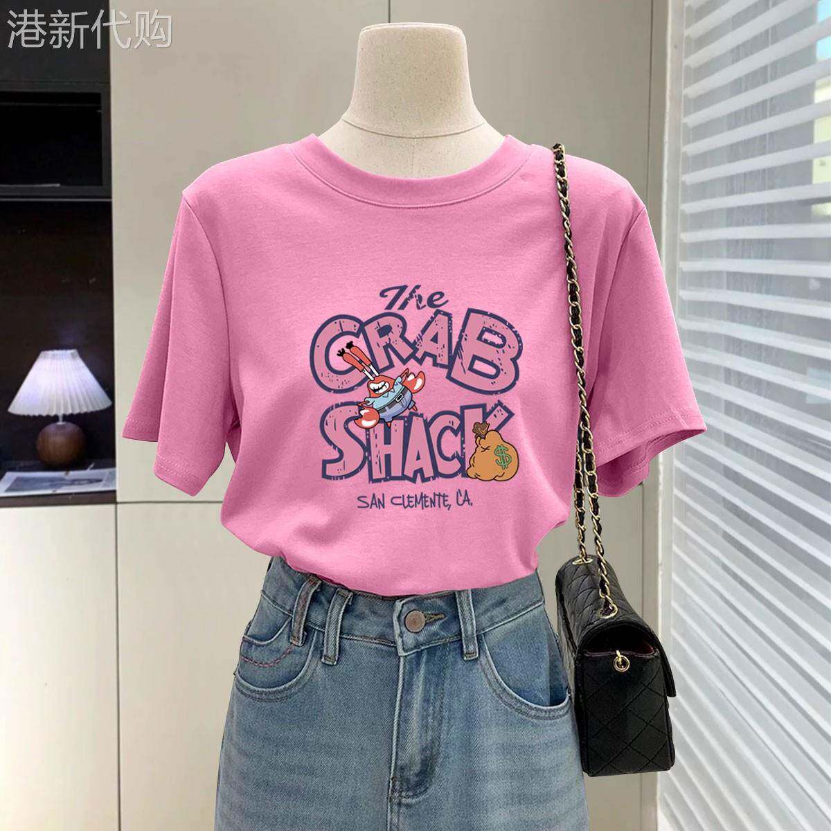 蜜桃粉色字母卡通短袖T恤女夏装2026新款宽松休闲显瘦纯棉上衣潮