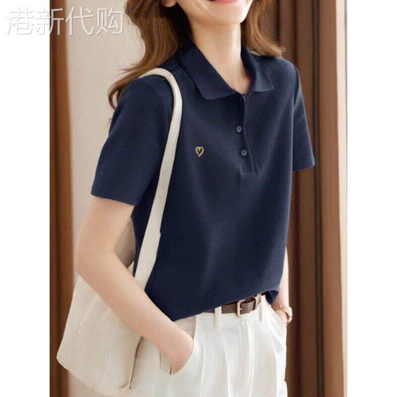 蓝色POLO领短袖T恤女士2026新款夏季通勤风宽松百搭正肩T恤上衣